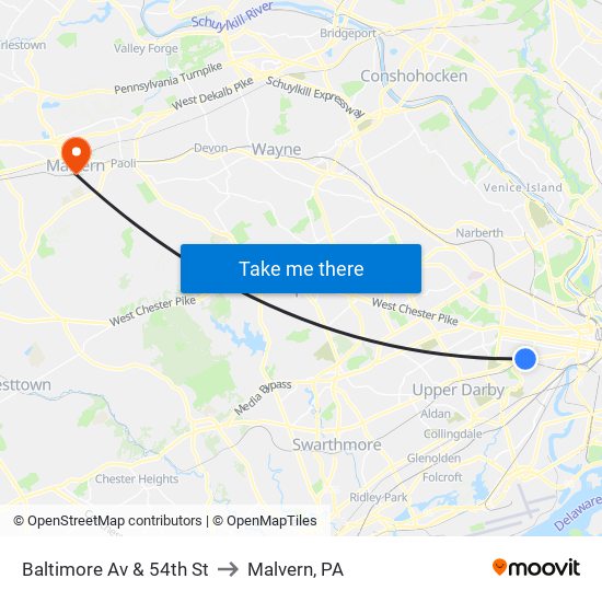 Baltimore Av & 54th St to Malvern, PA map
