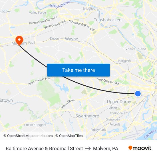 Baltimore Avenue & Broomall Street to Malvern, PA map