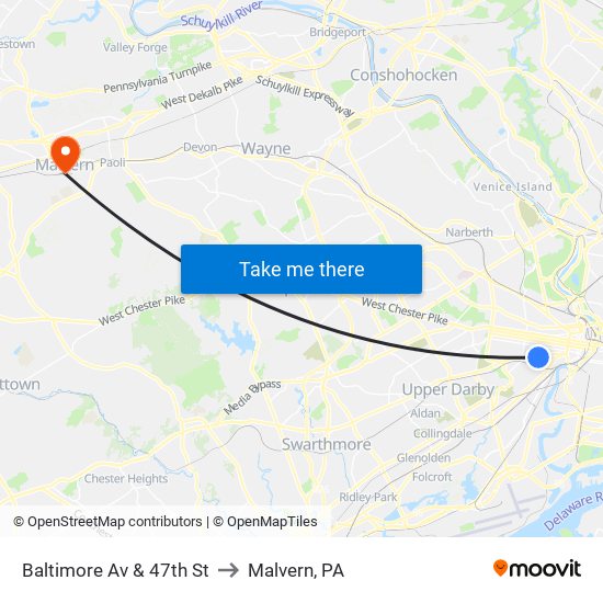 Baltimore Av & 47th St to Malvern, PA map