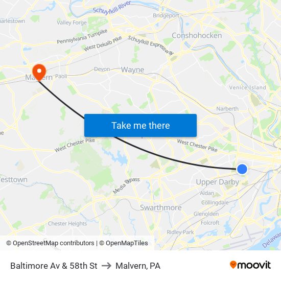 Baltimore Av & 58th St to Malvern, PA map