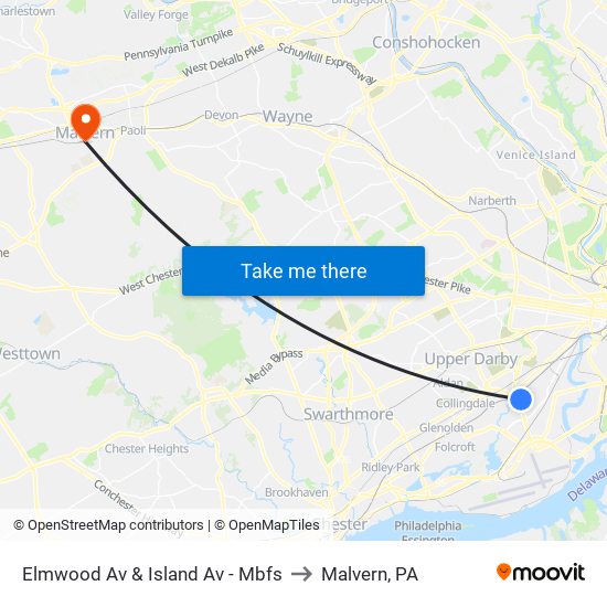 Elmwood Av & Island Av - Mbfs to Malvern, PA map