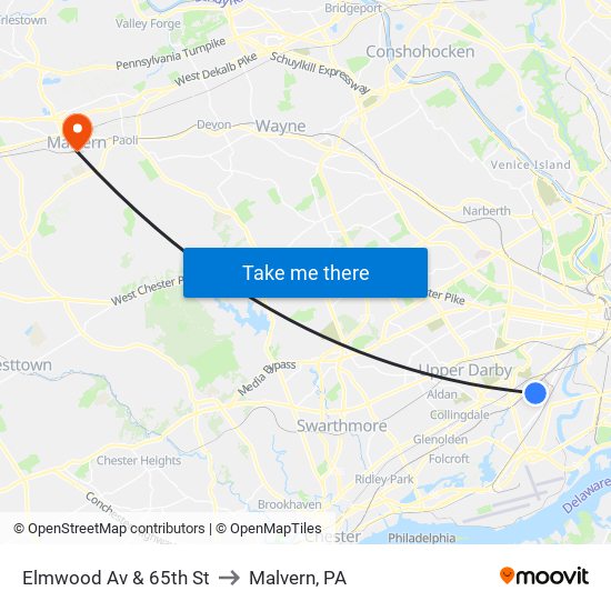 Elmwood Av & 65th St to Malvern, PA map