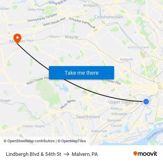 Lindbergh Blvd & 54th St to Malvern, PA map