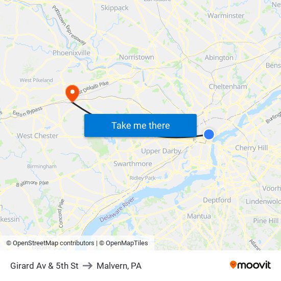 Girard Av & 5th St to Malvern, PA map