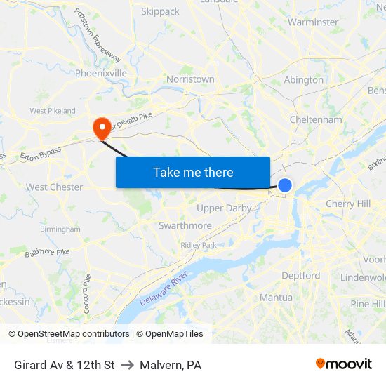 Girard Av & 12th St to Malvern, PA map