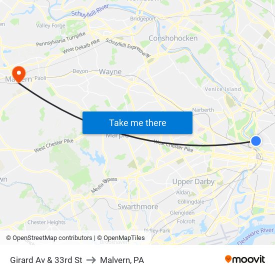 Girard Av & 33rd St to Malvern, PA map