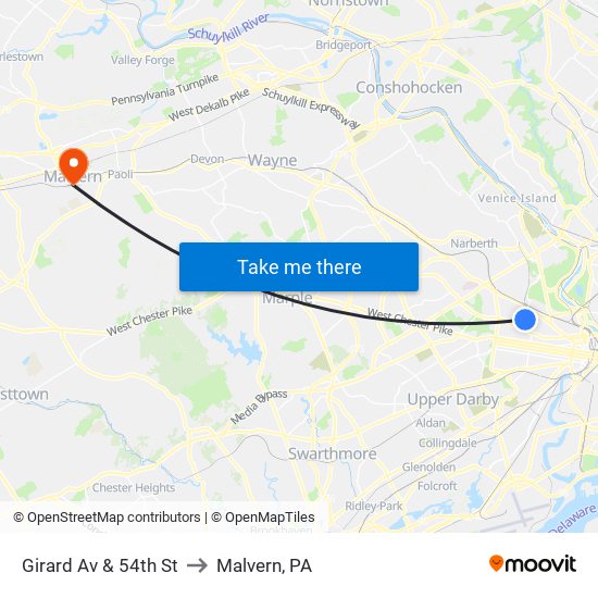 Girard Av & 54th St to Malvern, PA map