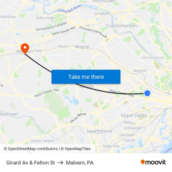 Girard Av & Felton St to Malvern, PA map