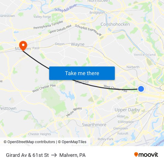 Girard Av & 61st St to Malvern, PA map