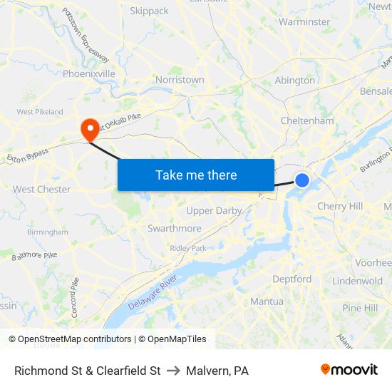 Richmond St & Clearfield St to Malvern, PA map