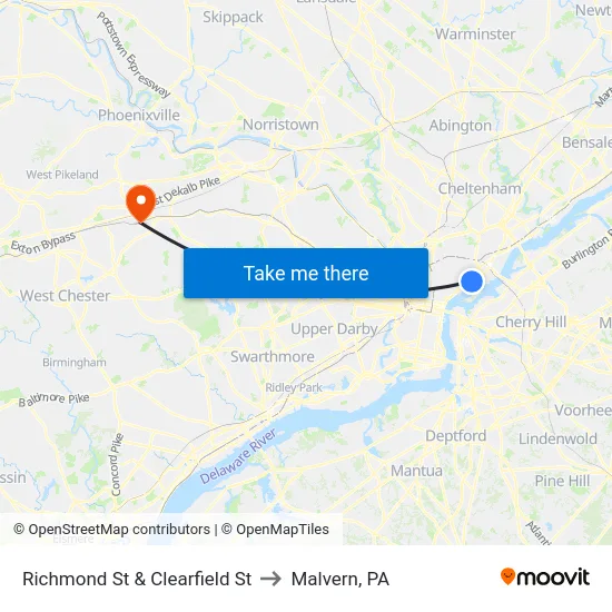 Richmond St & Clearfield St to Malvern, PA map