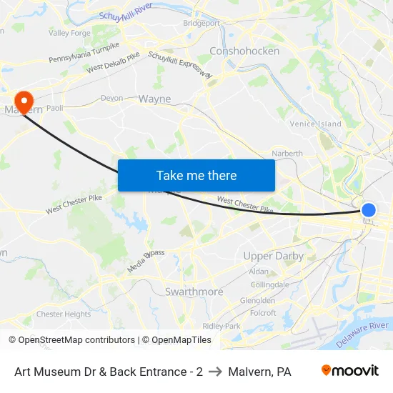Art Museum Dr & Back Entrance - 2 to Malvern, PA map
