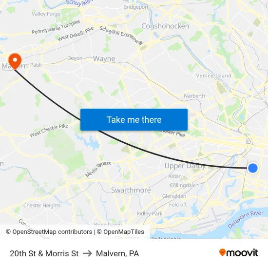 20th St & Morris St to Malvern, PA map
