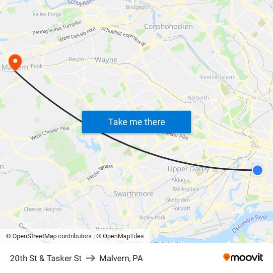 20th St & Tasker St to Malvern, PA map