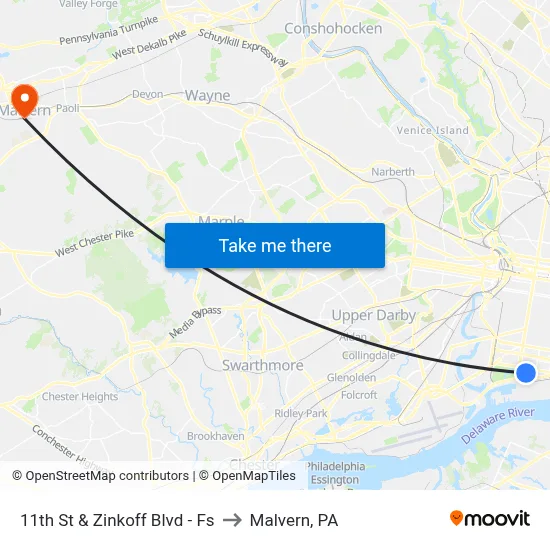 11th St & Zinkoff Blvd - Fs to Malvern, PA map