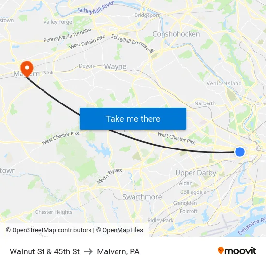 Walnut St & 45th St to Malvern, PA map
