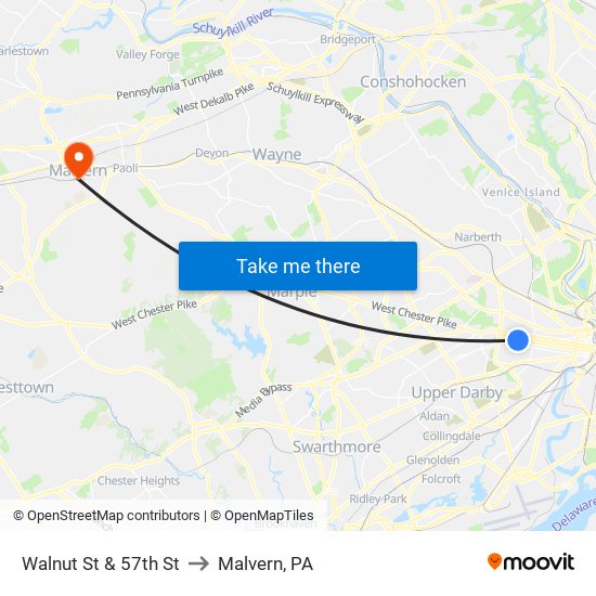 Walnut St & 57th St to Malvern, PA map