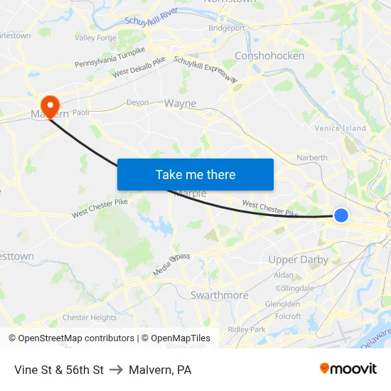 Vine St & 56th St to Malvern, PA map