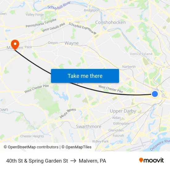 40th St & Spring Garden St to Malvern, PA map