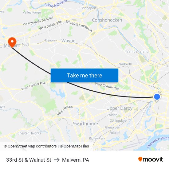 33rd St & Walnut St to Malvern, PA map