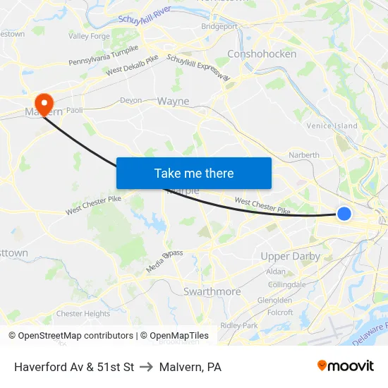 Haverford Av & 51st St to Malvern, PA map