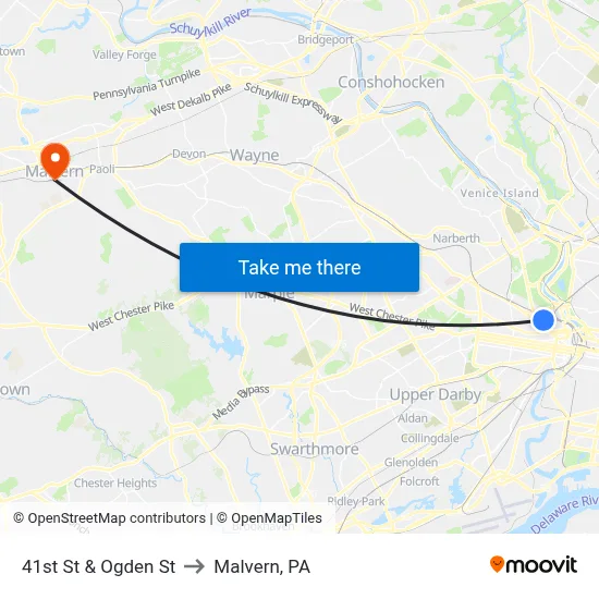 41st St & Ogden St to Malvern, PA map
