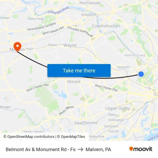 Belmont Av & Monument Rd - Fs to Malvern, PA map