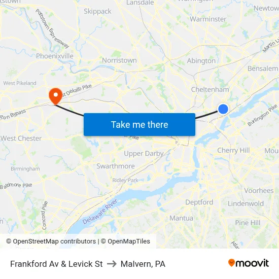 Frankford Av & Levick St to Malvern, PA map