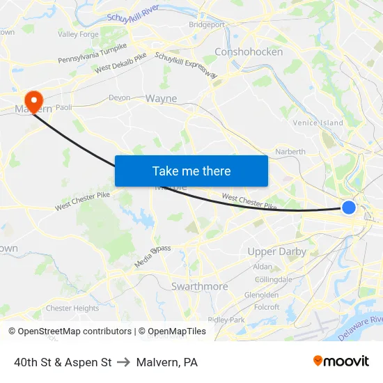 40th St & Aspen St to Malvern, PA map
