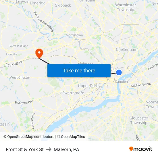 Front St & York St to Malvern, PA map