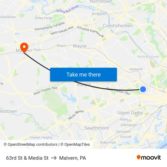 63rd St & Media St to Malvern, PA map