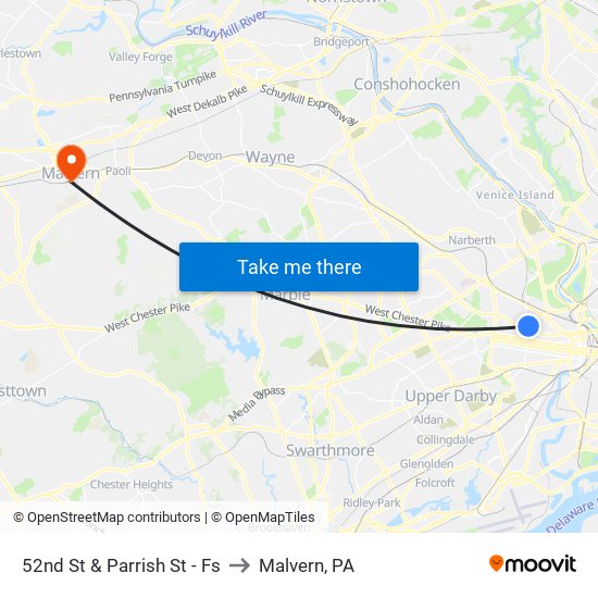 52nd St & Parrish St - Fs to Malvern, PA map