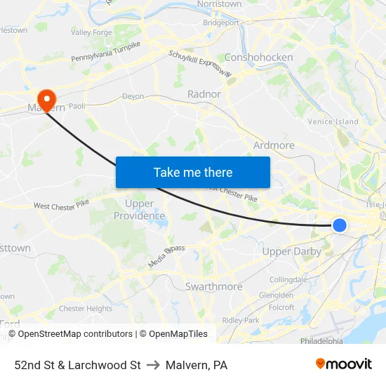 52nd St & Larchwood St to Malvern, PA map