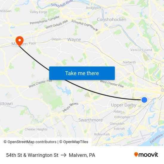 54th St & Warrington St to Malvern, PA map