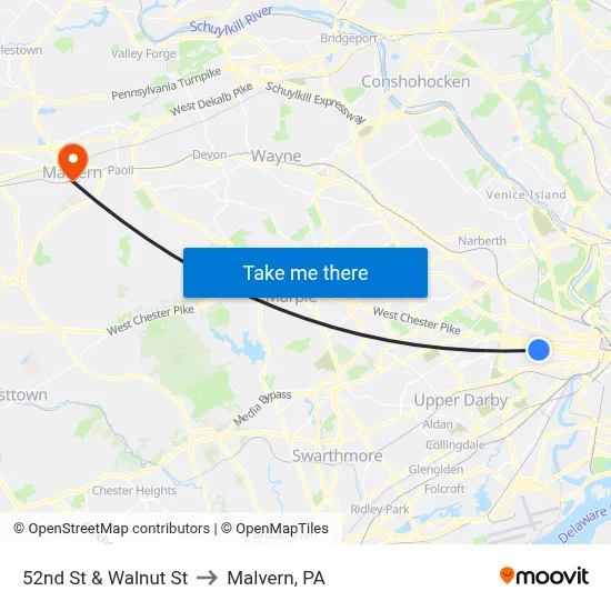 52nd St & Walnut St to Malvern, PA map