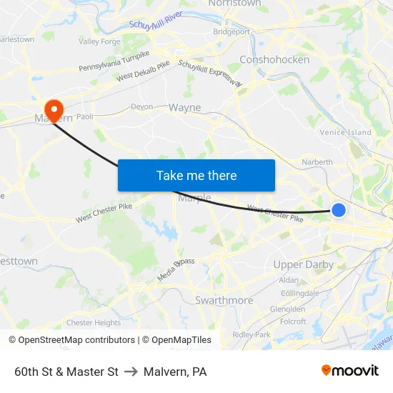 60th St & Master St to Malvern, PA map