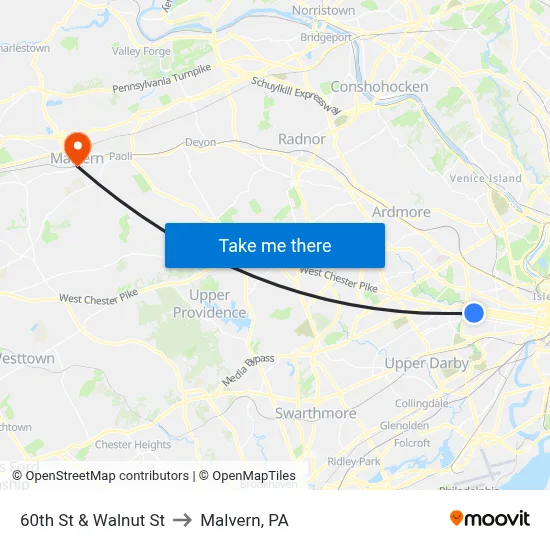 60th St & Walnut St to Malvern, PA map