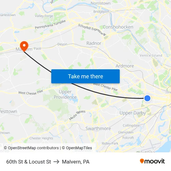 60th St & Locust St to Malvern, PA map