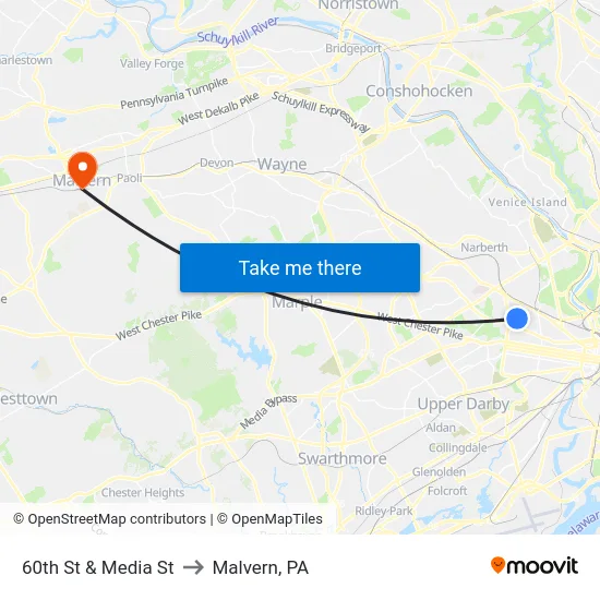 60th St & Media St to Malvern, PA map
