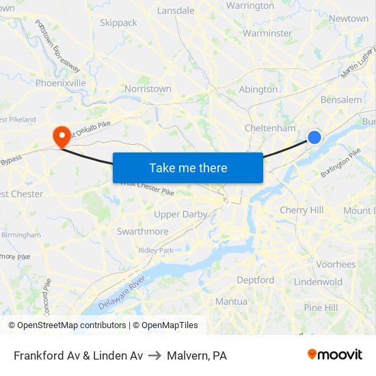 Frankford Av & Linden Av to Malvern, PA map