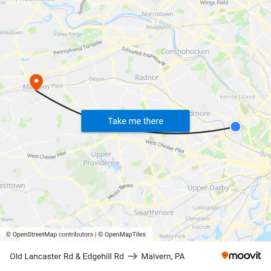 Old Lancaster Rd & Edgehill Rd to Malvern, PA map