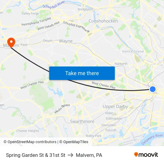 Spring Garden St & 31st St to Malvern, PA map