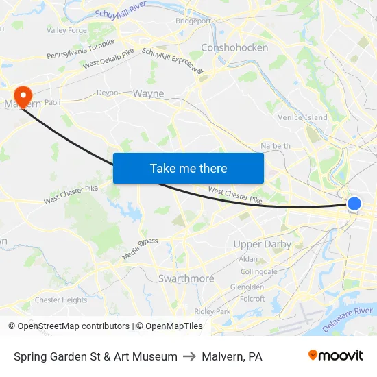 Spring Garden St & Art Museum to Malvern, PA map