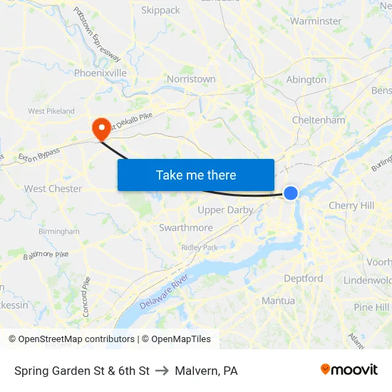Spring Garden St & 6th St to Malvern, PA map