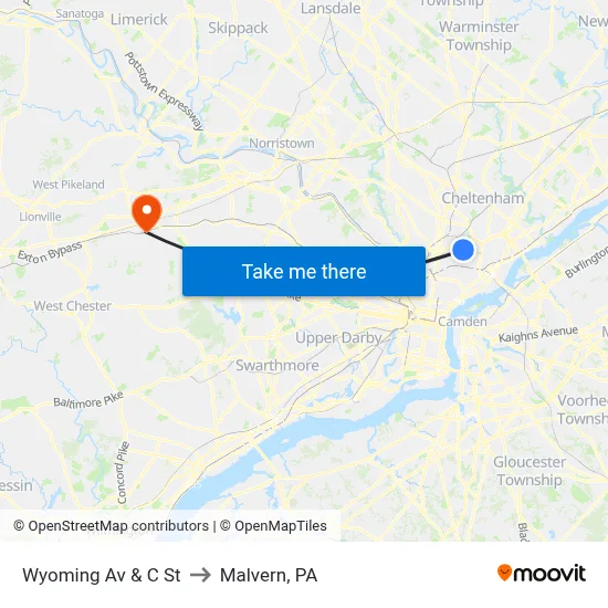 Wyoming Av & C St to Malvern, PA map