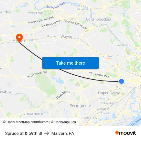 Spruce St & 59th St to Malvern, PA map