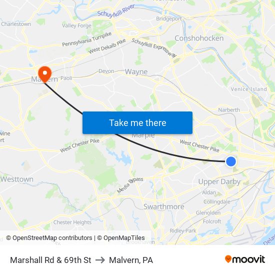 Marshall Rd & 69th St to Malvern, PA map