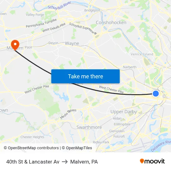 40th St & Lancaster Av to Malvern, PA map