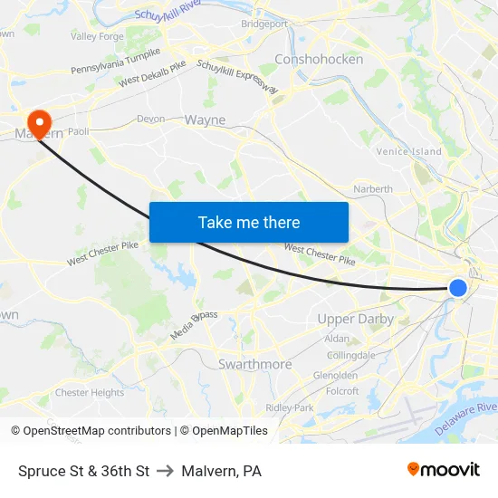 Spruce St & 36th St to Malvern, PA map