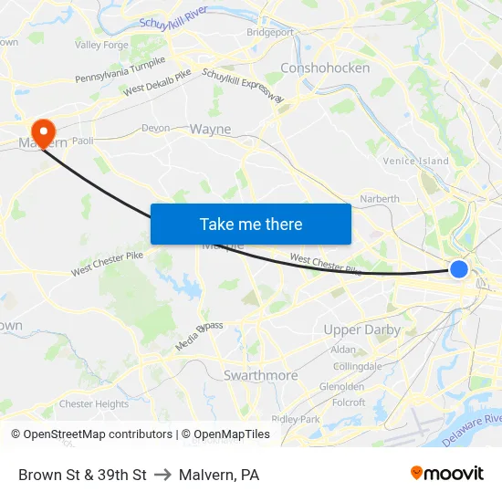 Brown St & 39th St to Malvern, PA map